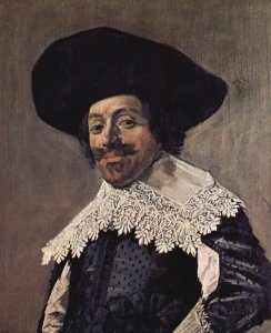 Portrait of a man with Scheitelkäppchen, pointed collar and entangled hands