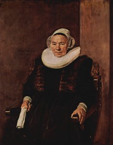 Portrait of a seated woman with white gloves in her right hand